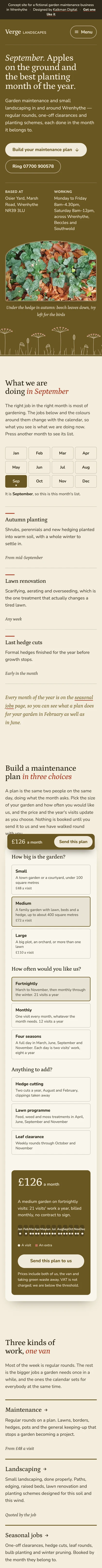 Home page of the gardener demo site, scrolling on a phone